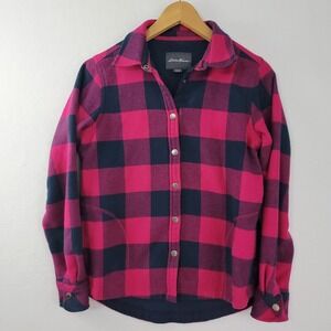 Eddie Bauer Womens Flannel Shirt Jacket Fleece Lined Plaid Snap Button Sz Small
